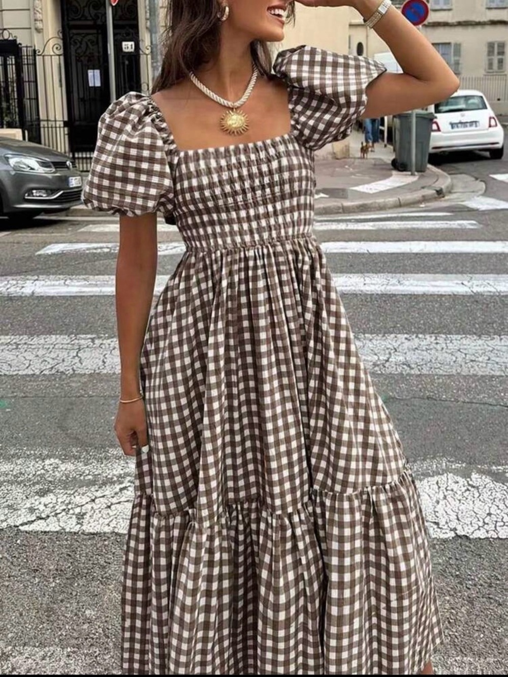 Brown Gingham Maxi Dress with Puff Sleeves